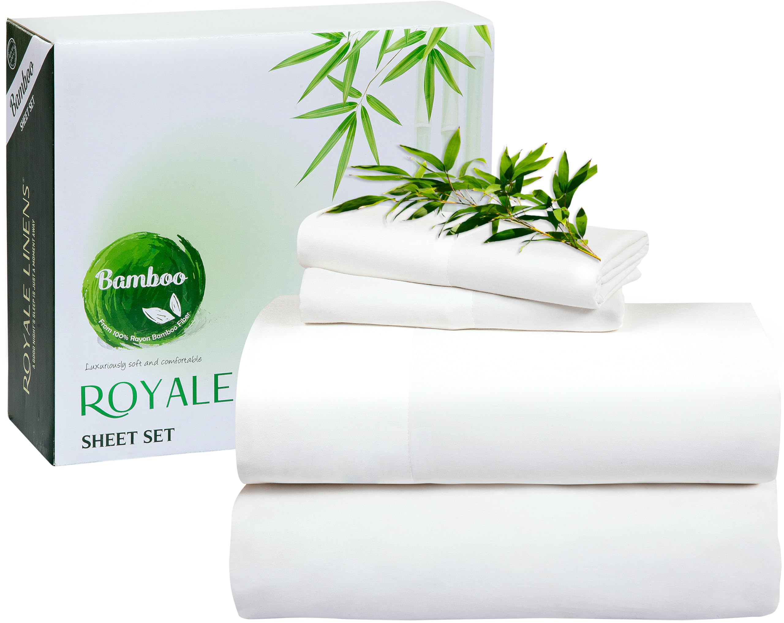 Royale Linen Bamboo Viscose Sheet Set - Cooling Bed Sheet Set - 1 Fitted, 1 Flat & 2 Pillowcase - Fits Up to 16" - Organic Viscose Derived from Bamboo - Bedding Sheet & Pillowcase (White)