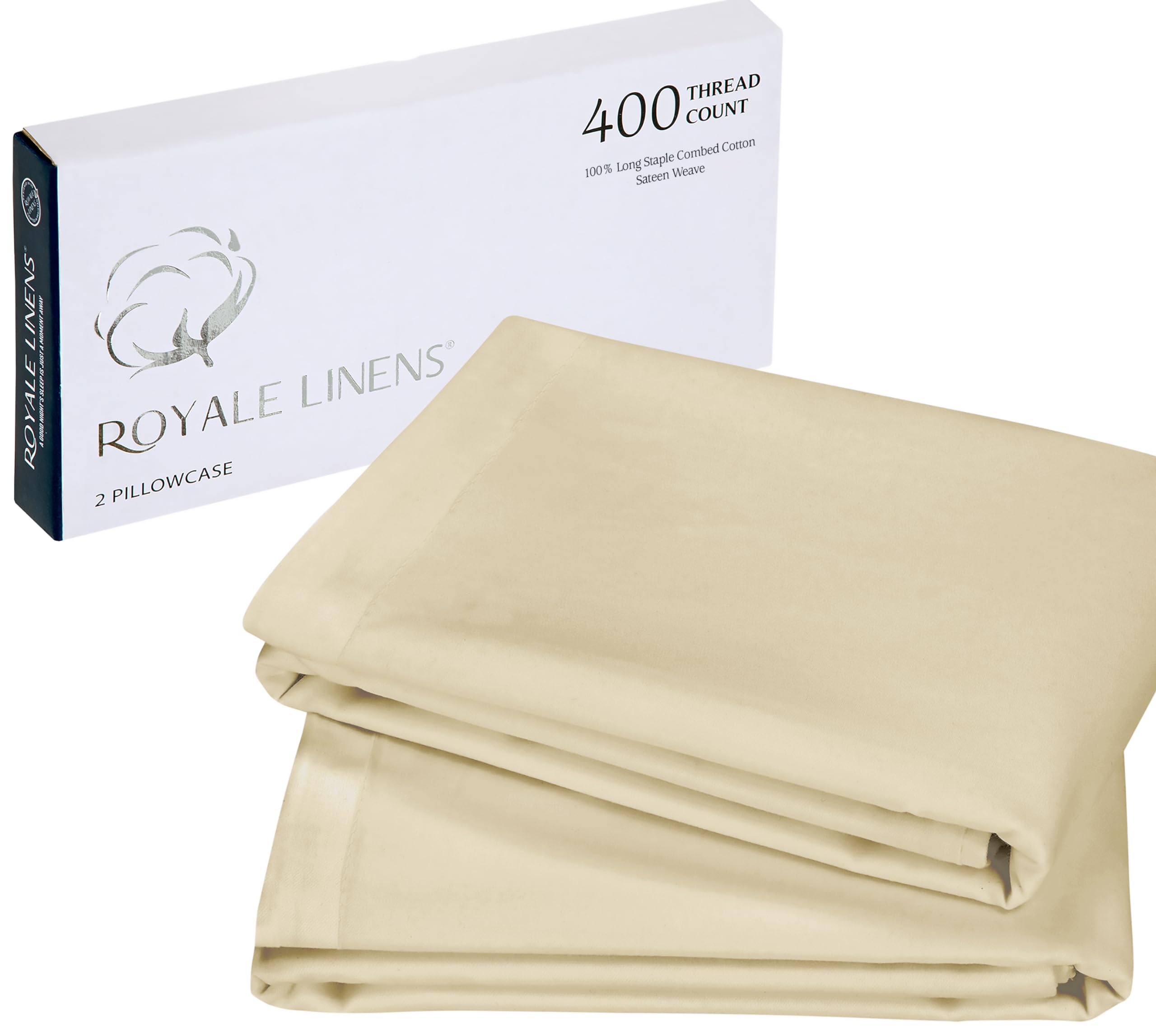 Royale Linens 400 Thread Count 100% American Grown Cotton Pillowcase Set - Luxury Sateen Pillow case - 20"x30" Inch - Soft & Smooth Set of 2 Beige Pillowcases - (Moroccan Sand)