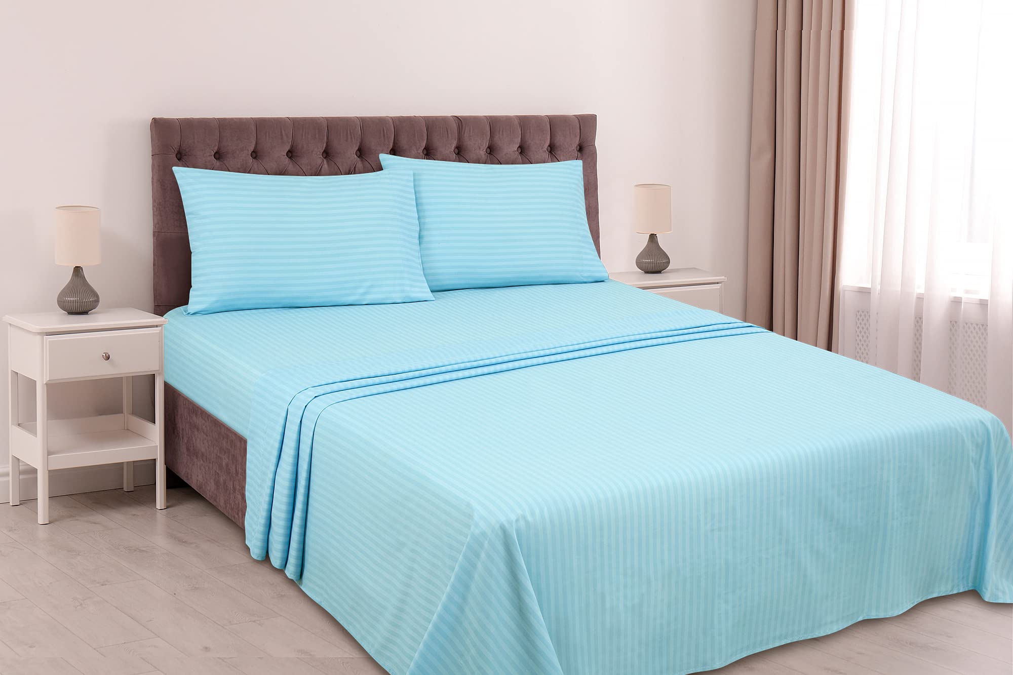 ROYALE LINENS Striped Bed Sheet Set - Microfiber 1800 Bedding - 1 Fitted Sheet, 1 Flat Sheet, 2 Pillowcase - Wrinkle & Fade Resistant - 4 Piece Damask Stripe Bed Sheet Set (Stripe Lake Blue)