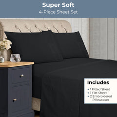 ROYALE LINENS - 4 Piece Queen Bed Sheet - Soft Brushed Microfiber 1800 Bedding Set - 1 Fitted Sheet, 1 Flat Sheet, 2 Pillow case - Wrinkle & Fade Resistant Luxury Queen Size Sheet Set (Black, Queen)