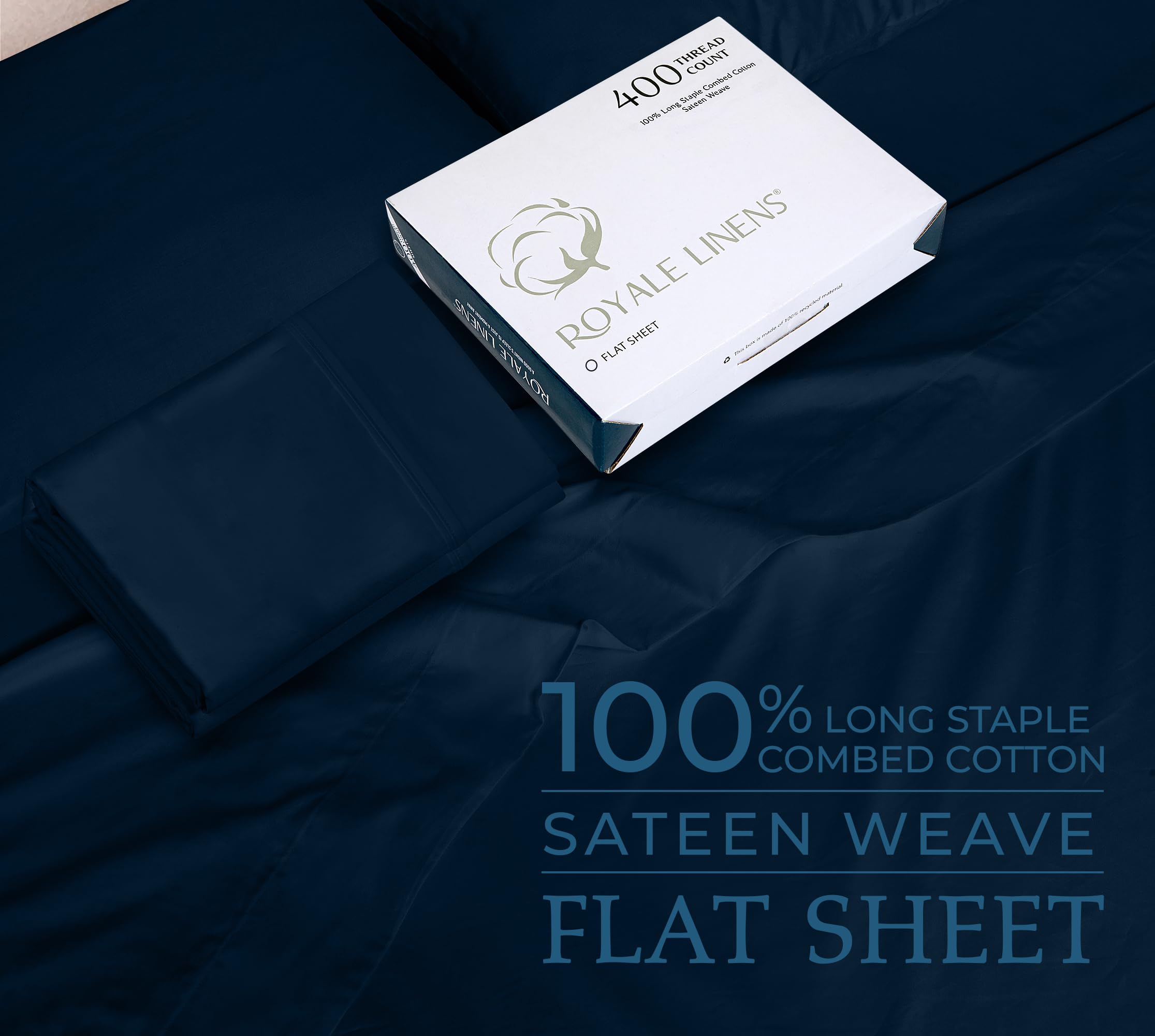 400 Thread Count 100% American Grown Cotton Flat Sheet - Cooling Sheets - Sheets - Luxury Sateen Weave - Flat Sheet Sold Separately - Navy Flat Sheet Only ( Rivera Navy)