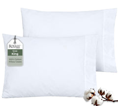 ROYALE LINENS 200 Thread Count 100% Long Staple Combed Cotton Pillowcases Set Of 2 - Ultra Soft - Queen Bed Pillow Cover - 20"x30" - Breathable, Cool & Crisp Percale White Pillow Cases (Queen, White)