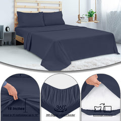 ROYALE LINENS 300 Thread Count 100% Long Staple Combed Cotton Sheet Set - 4 Piece Queen Bed Sheet 1 Fitted Sheet, 1 Flat Sheet, 2 Pillow Case - Breathable, Cool & Crisp Percale Sheet Set (Queen, Navy)