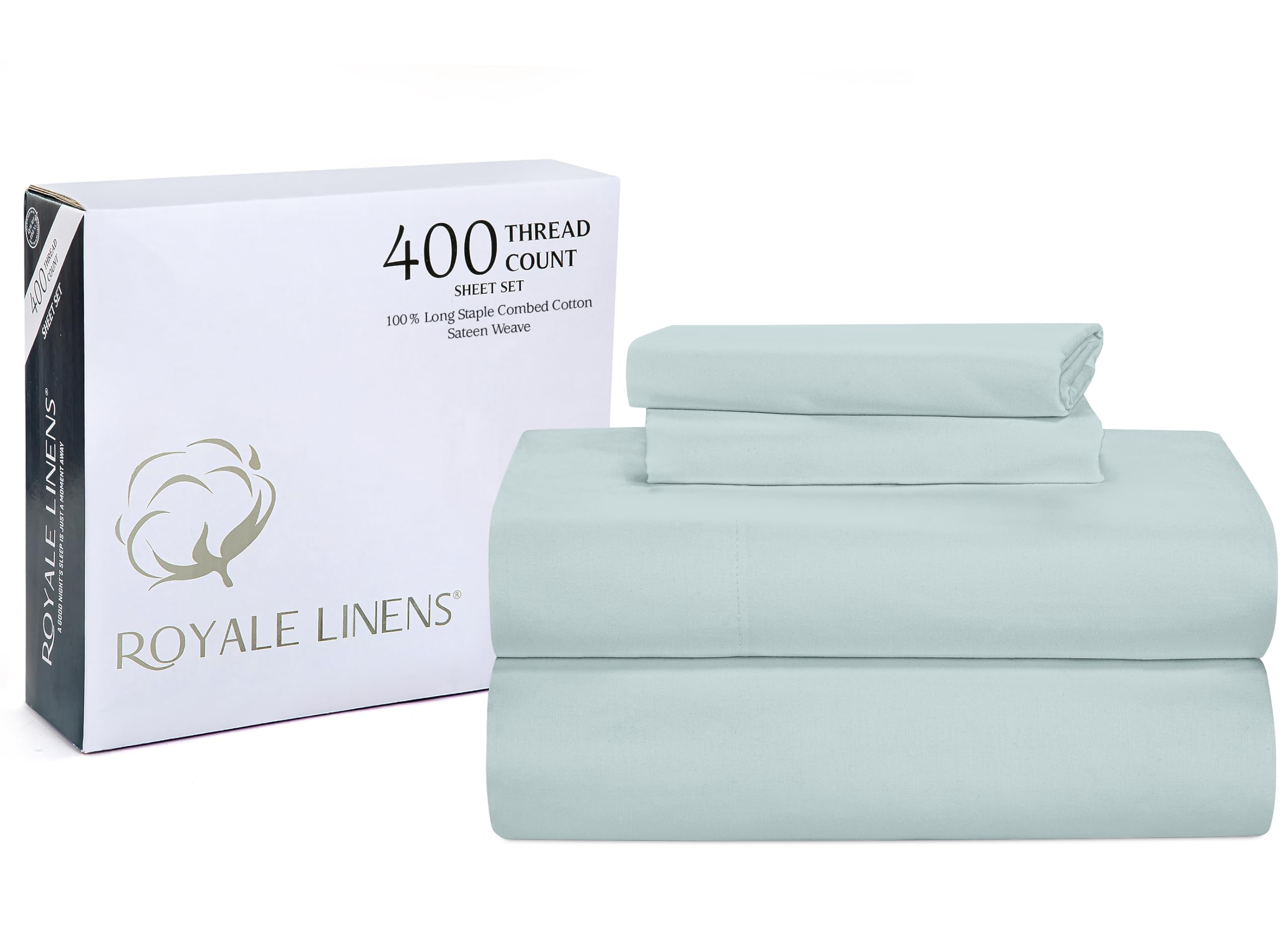 ROYALE LINENS 400 Thread Count 100% American Grown Cotton 4 Piece Sateen Queen Sheet Set - 1 Fitted Sheet, 1 Flat Sheet, 2 Pillow case -Silver Queen Bedsheet - Cotton Sheets - (Queen, Metallic Silver)