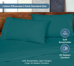 ROYALE LINENS 200 Thread Count 100% Long Staple Combed Cotton Pillowcases Set Of 2 - Ultra Soft - Queen Bed Pillow Cover - 20"x30" - Breathable, Cool & Crisp Percale White Pillow Cases ( Teal)