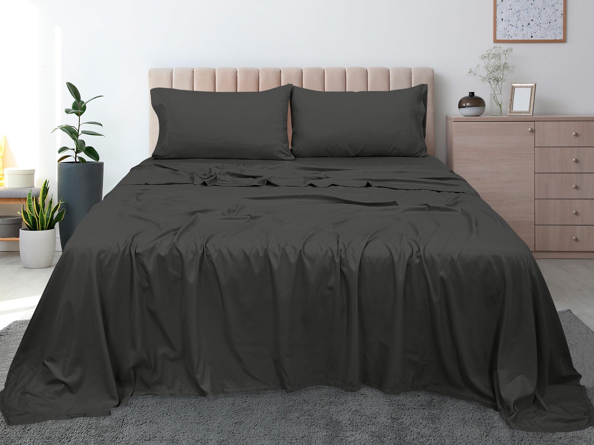 ROYALE LINENS 300 Thread Count 100% Long Staple Combed Cotton Flat Sheet - Super Soft - Top Sheet - Queen Flat Sheet Sold Separately - Breathable, Cool & Crisp Percale Flat Sheet Only (Queen, Black)