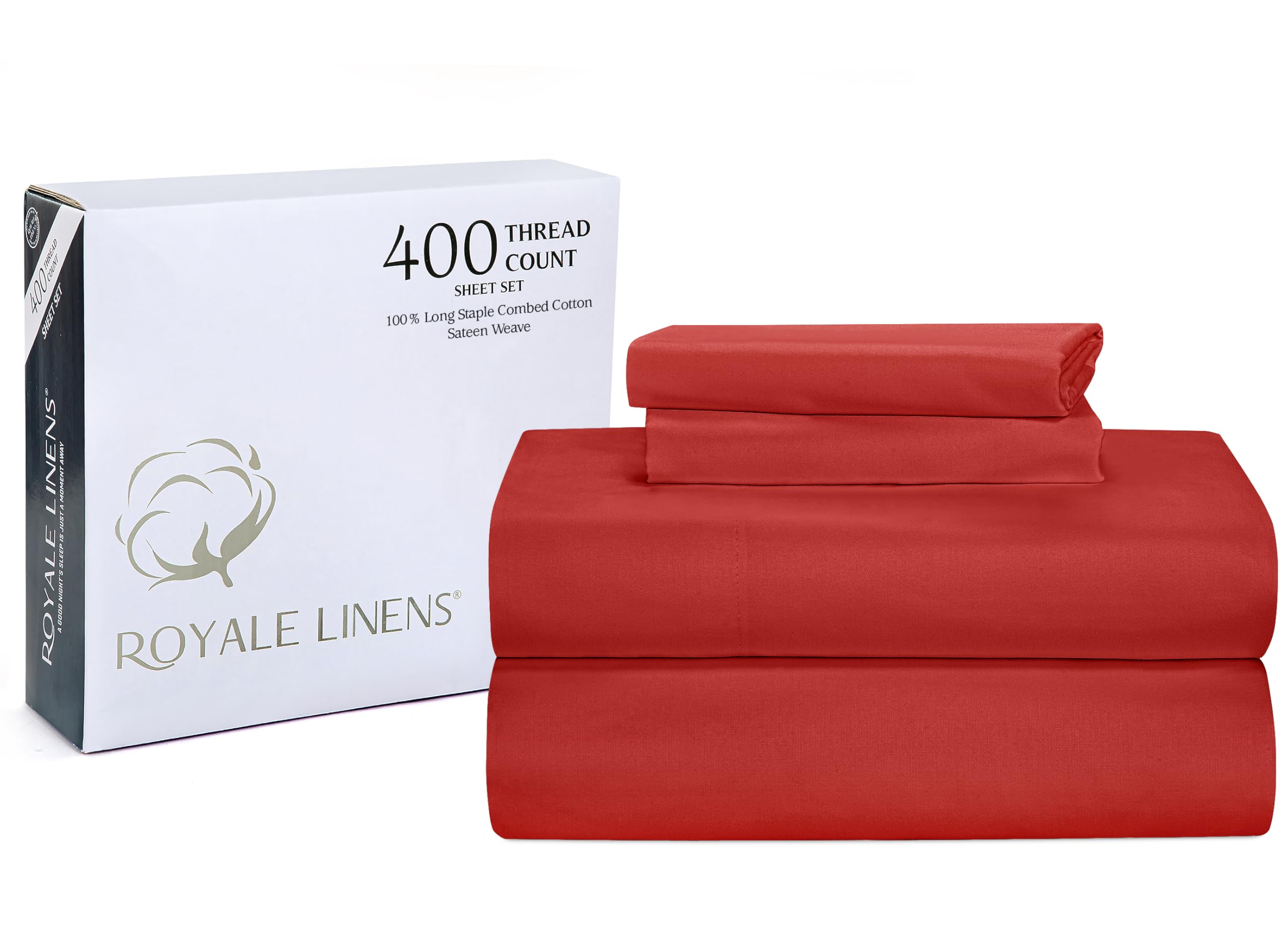 ROYALE LINENS 400 Thread Count 100% American Grown Cotton 4 Piece Sateen Queen Sheet Set - 1 Fitted Sheet, 1 Flat Sheet, 2 Pillow case - Red Queen Bedsheet - Cotton Sheets - (Queen, Red)