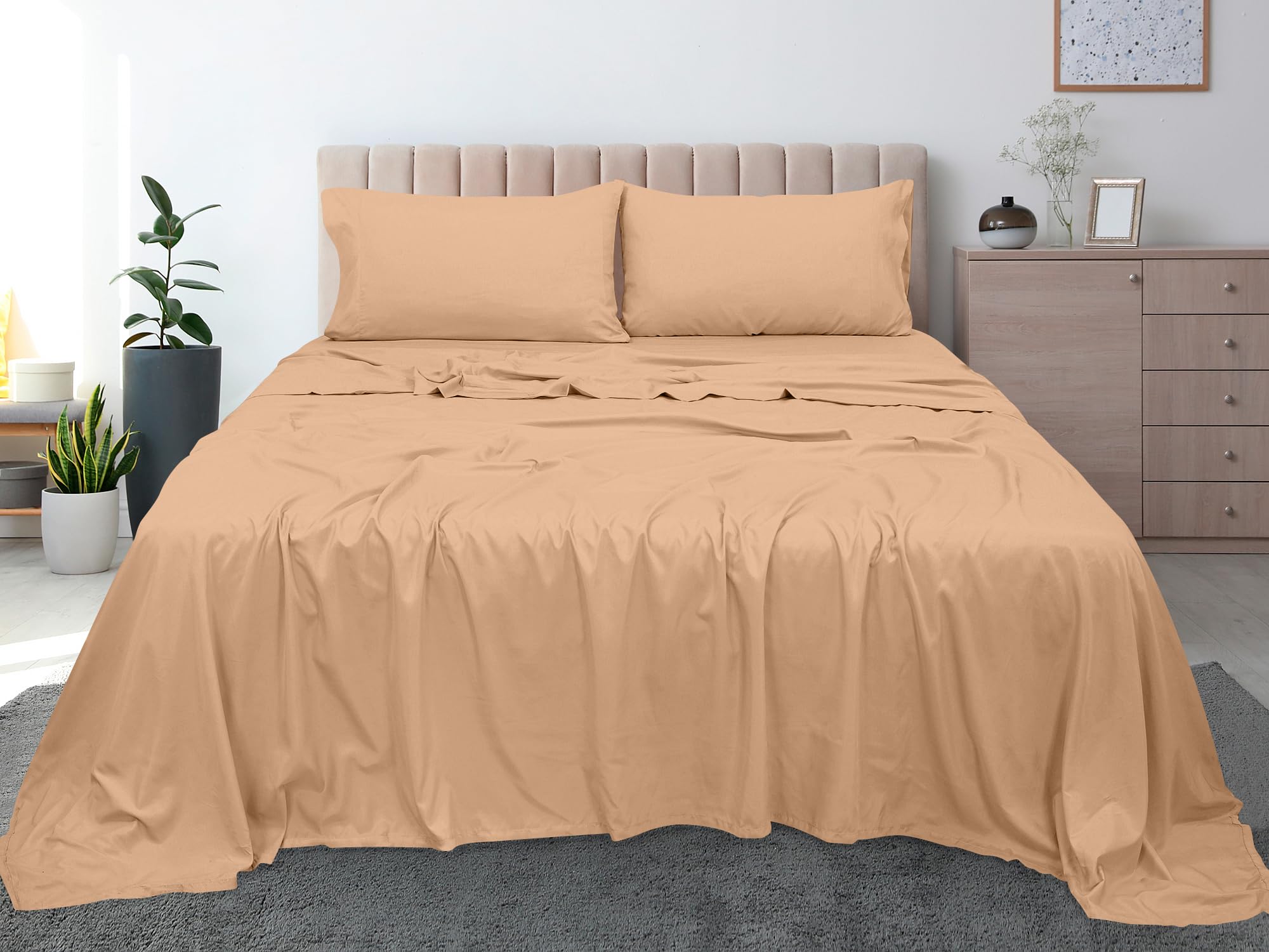 ROYALE LINENS 300 Thread Count 100% Long Staple Combed Cotton Flat Sheet - Super Soft - Top Sheet - Queen Flat Sheet Sold Separately - Breathable, Cool & Crisp Percale Flat Sheet Only (Queen, Sand)