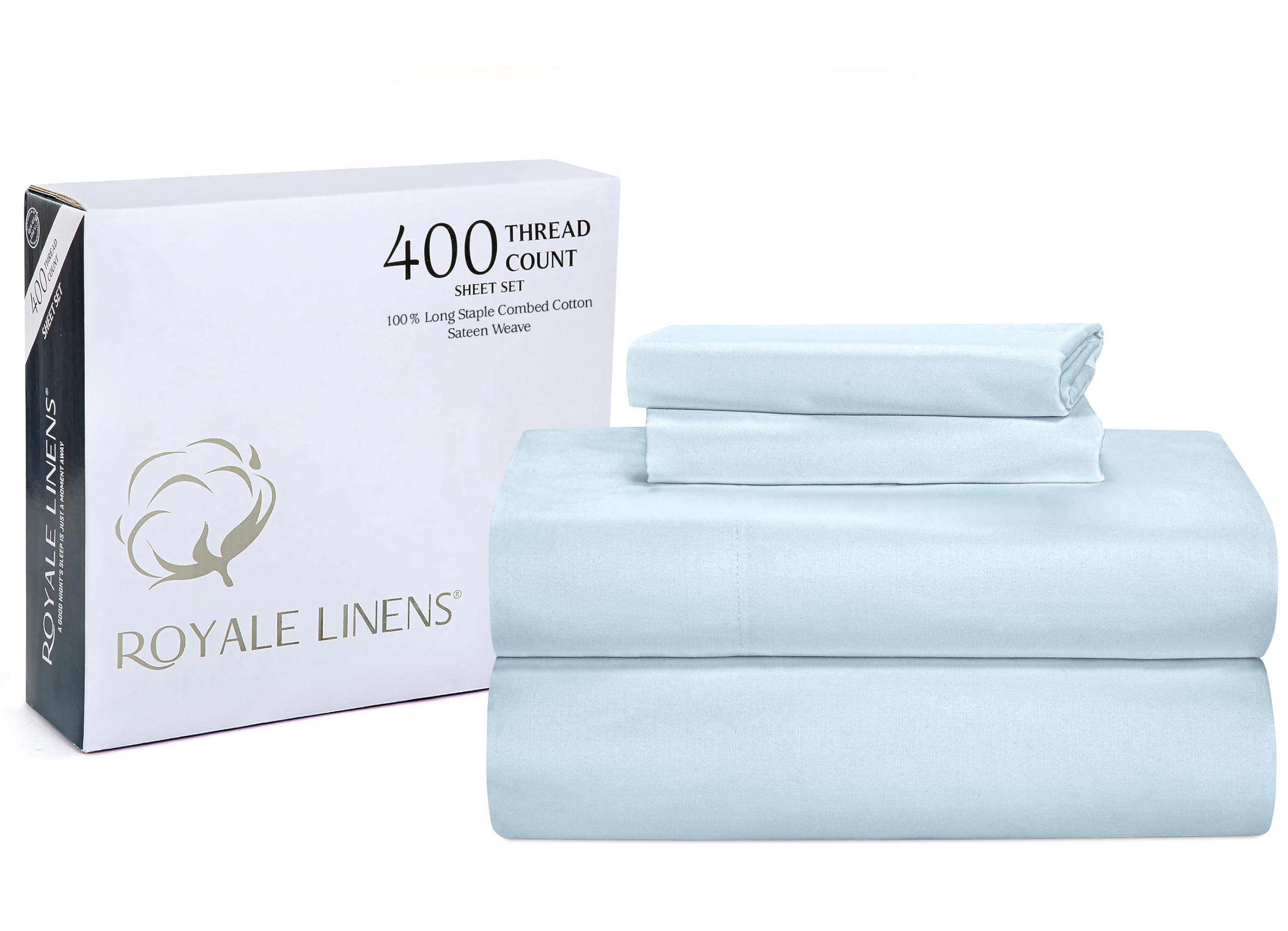 ROYALE LINENS 400 Thread Count 100% American Grown Cotton 4 Piece Sateen Sheet Set - 1 Fitted Sheet, 1 Flat Sheet, 2 Pillow case - Blue Bedsheet - Cotton Sheets - (Caribbean Blue)