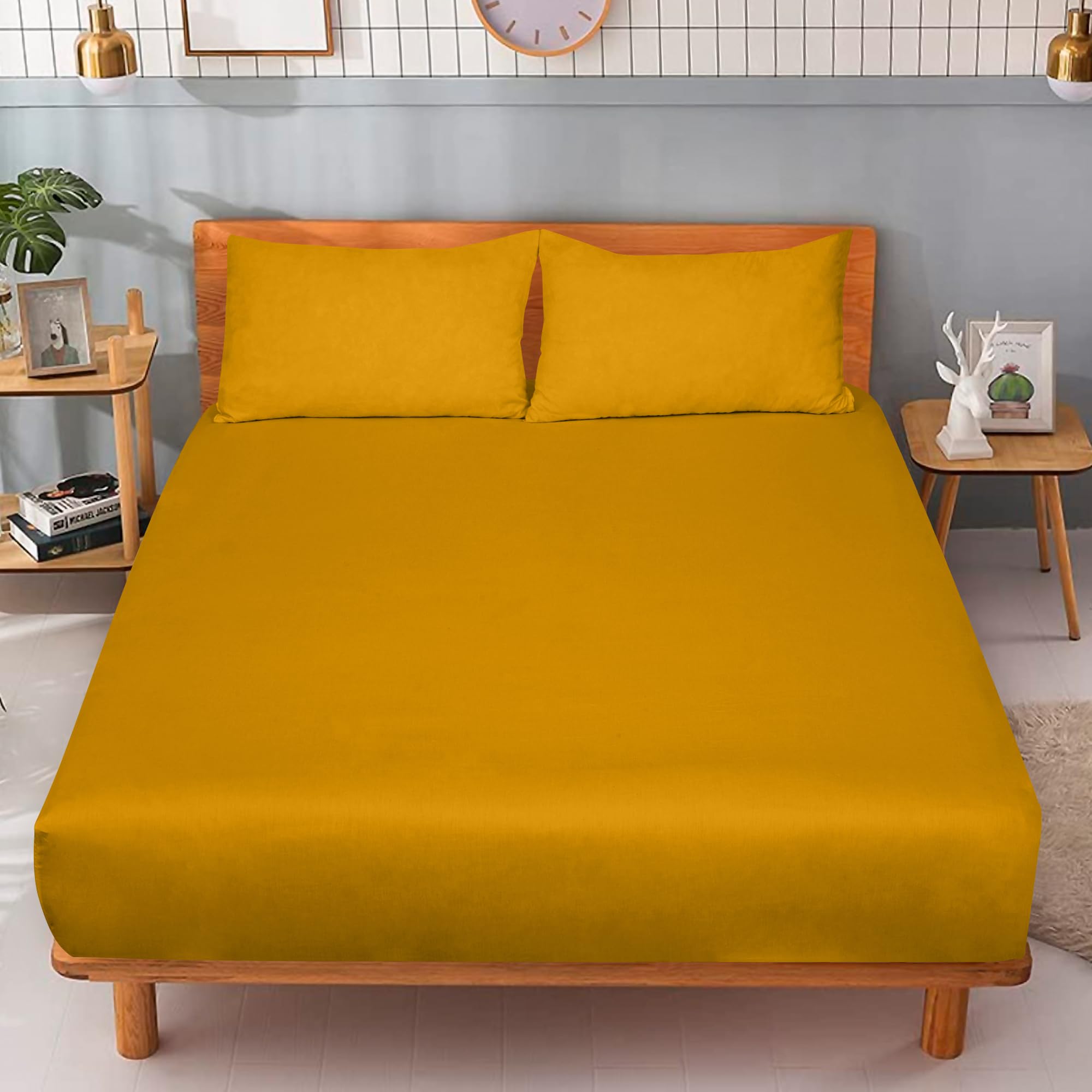 Royale Linens 300 Thread Count 100% Long Staple Combed Cotton Fitted Sheet - Super Soft Deep Pocket Sheet - Yellow Fitted Sheet Queen Size - Queen Fitted Sheet Only - Elastic Sheet (Queen, Yellow)