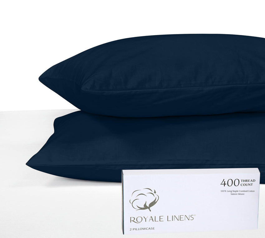 Royale Linens 400 Thread Count 100% American Grown Cotton Queen Pillowcase Set - Luxury Sateen Queen Pillow case - 20"x30" Inch - Soft & Smooth Set of 2 Navy Pillowcases - (Queen, Rivera Navy)