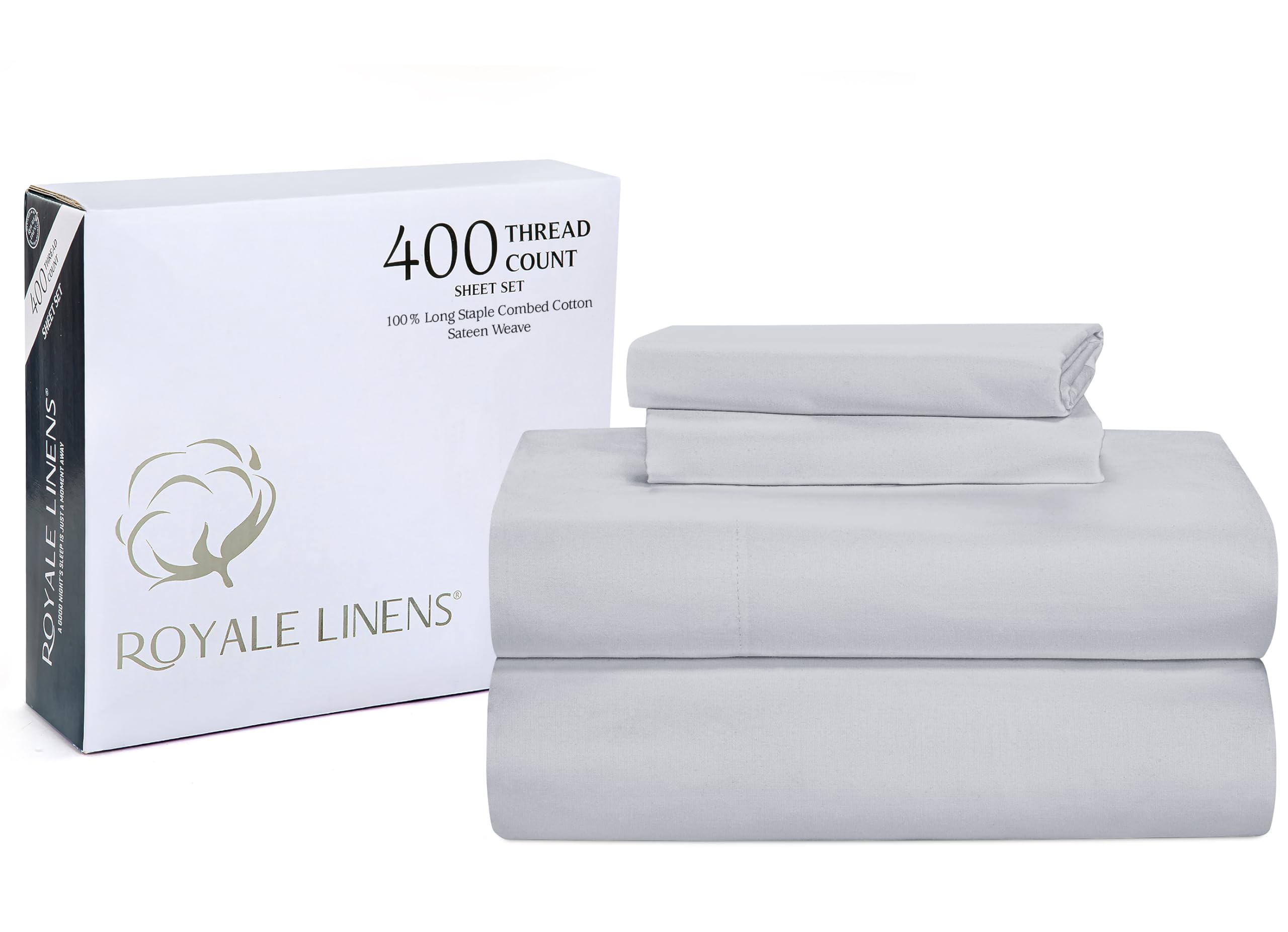 ROYALE LINENS 400 Thread Count 100% American Grown Cotton 4 Piece Sateen Sheet Set - 1 Fitted Sheet, 1 Flat Sheet, 2 Pillow case - Silver Bedsheet - Cotton Sheets - ( Spanish Silver)