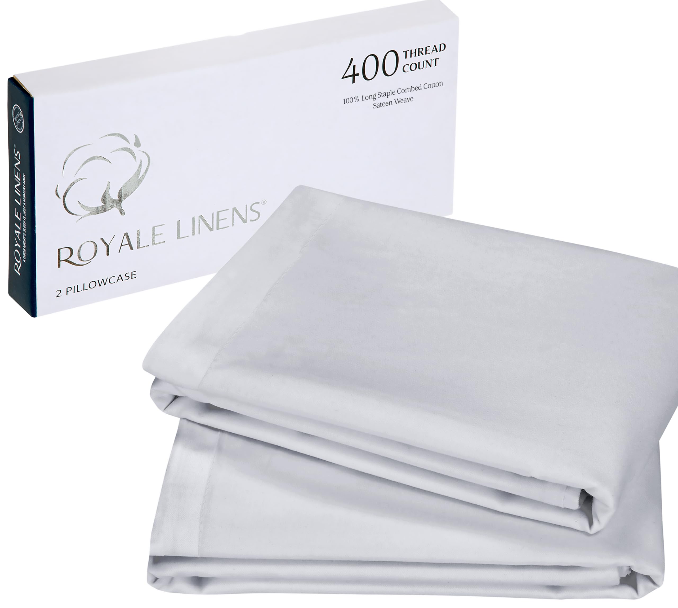 Royale Linens 400 Thread Count 100% American Grown Cotton Pillowcase Set - Luxury Sateen Pillow case - 20"x30" Inch - Soft & Smooth Set of 2 Silver Pillowcases - (Spanish Silver)