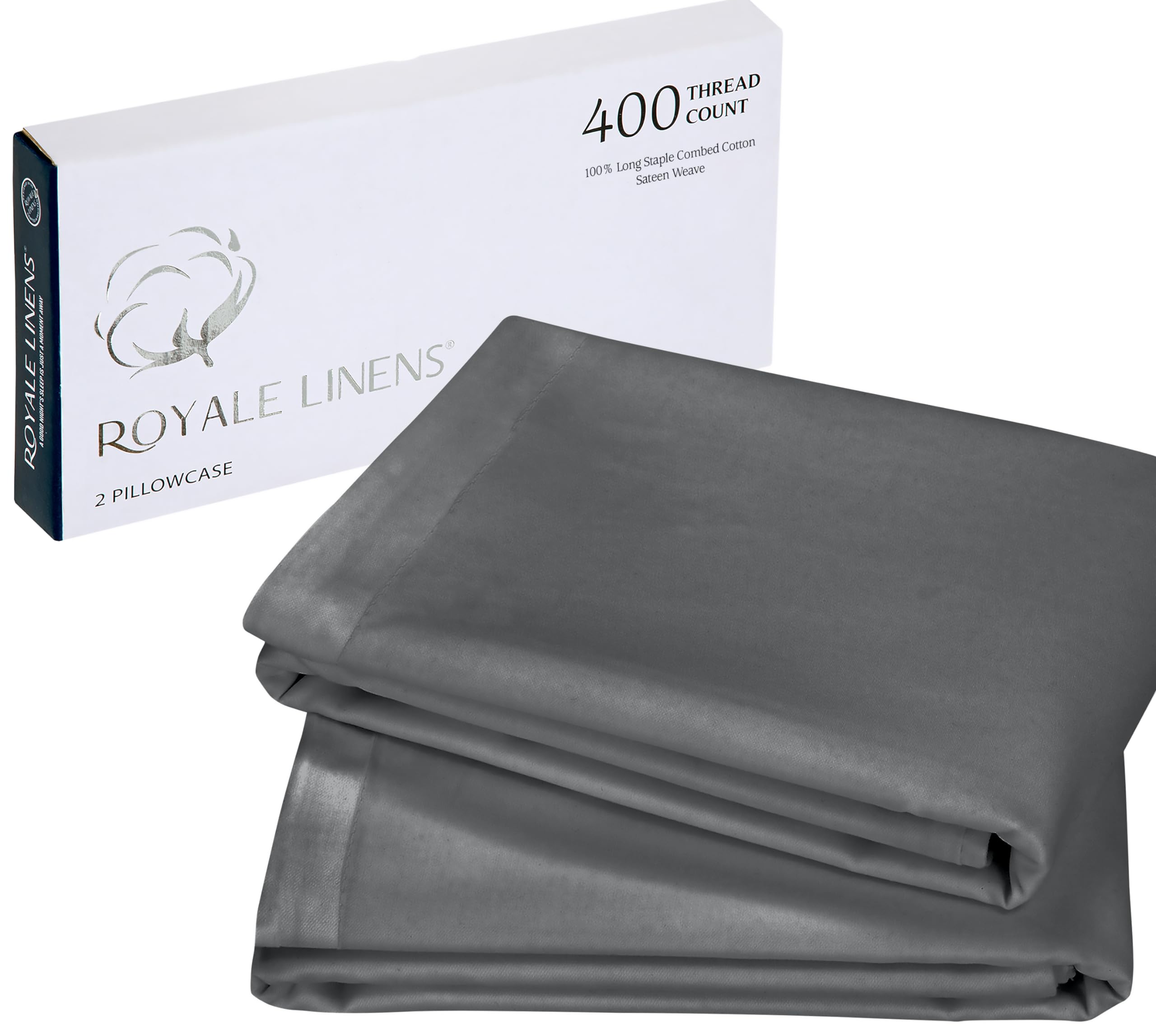 Royale Linens 400 Thread Count 100% American Grown Cotton Pillowcase Set - Luxury Sateen Pillow case - 20"x30" Inch - Soft & Smooth Set of 2 Grey Pillowcases - (Spanish Slate)