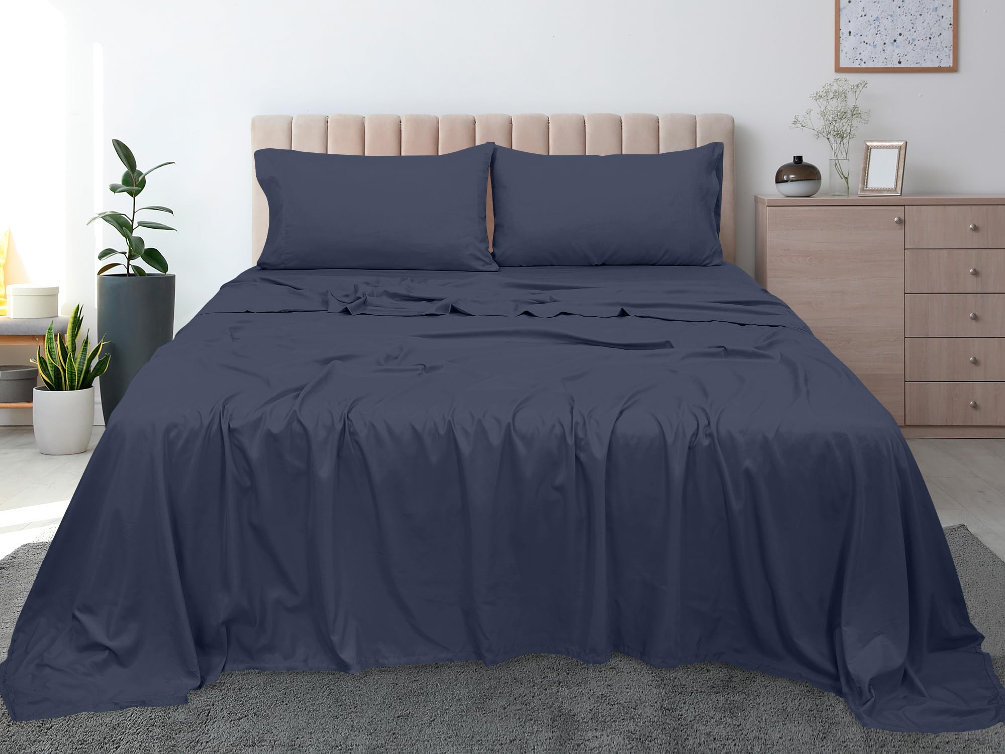 Royale Linens 300 Thread Count 100% Long Staple Combed Cotton Flat Sheet - Super Soft - Top Sheet - Queen Flat Sheet Sold Separately - Breathable, Cool & Crisp Percale Flat Sheet Only (Queen, Navy)