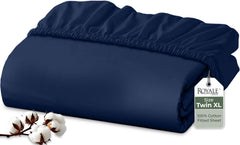 Royale Linens 200 Thread Count 100% Long Staple Combed Cotton Fitted Sheet - Super Soft Deep Pocket Bottom Sheet -Queen Fitted Sheet Only - Elastic Sheet (Queen,Navy)