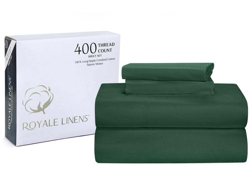 ROYALE LINENS 400 Thread Count 100% American Grown Cotton 4 Piece Sateen Queen Sheet Set - 1 Fitted Sheet, 1 Flat Sheet, 2 Pillow case - Green Queen Bedsheet - Cotton Sheets - (Queen, Emerald)