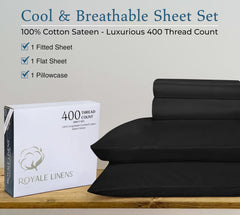 ROYALE LINENS 400 Thread Count 100% American Grown Cotton 4 Piece Sateen Queen Sheet Set - 1 Fitted Sheet, 1 Flat Sheet, 2 Pillow case - Black Queen Bedsheet - Cotton Sheets - (Queen, Night Black)