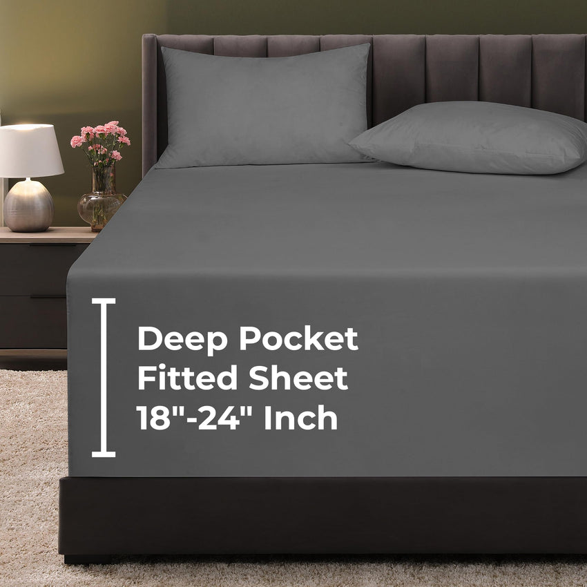 Royale Linens Extra Deep Pocket Queen Fitted Sheet Only - Soft Grey Queen Size Fitted Sheet Deep Pocket - Fits 18 inch to 24 inch Thick Mattress - Fitted Sheet Only - Elastic Sheet (Queen, Grey)