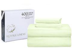 Royale Linen 400 Thread Count 100% American Grown Cotton 4 Piece Sateen Queen Sheet Set - 1 Fitted Sheet, 1 Flat Sheet, 2 Pillow case - Green Queen Bedsheet - Cotton Sheets - (Queen, Florentine Sage)