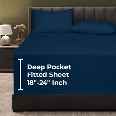 Royale Linens Extra Deep Pocket Queen Fitted Sheet Only - Soft Navy Queen Size Fitted Sheet Deep Pocket - Fits 18 inch to 24 inch Thick Mattress - Fitted Sheet Only - Elastic Sheet (Queen, Navy)