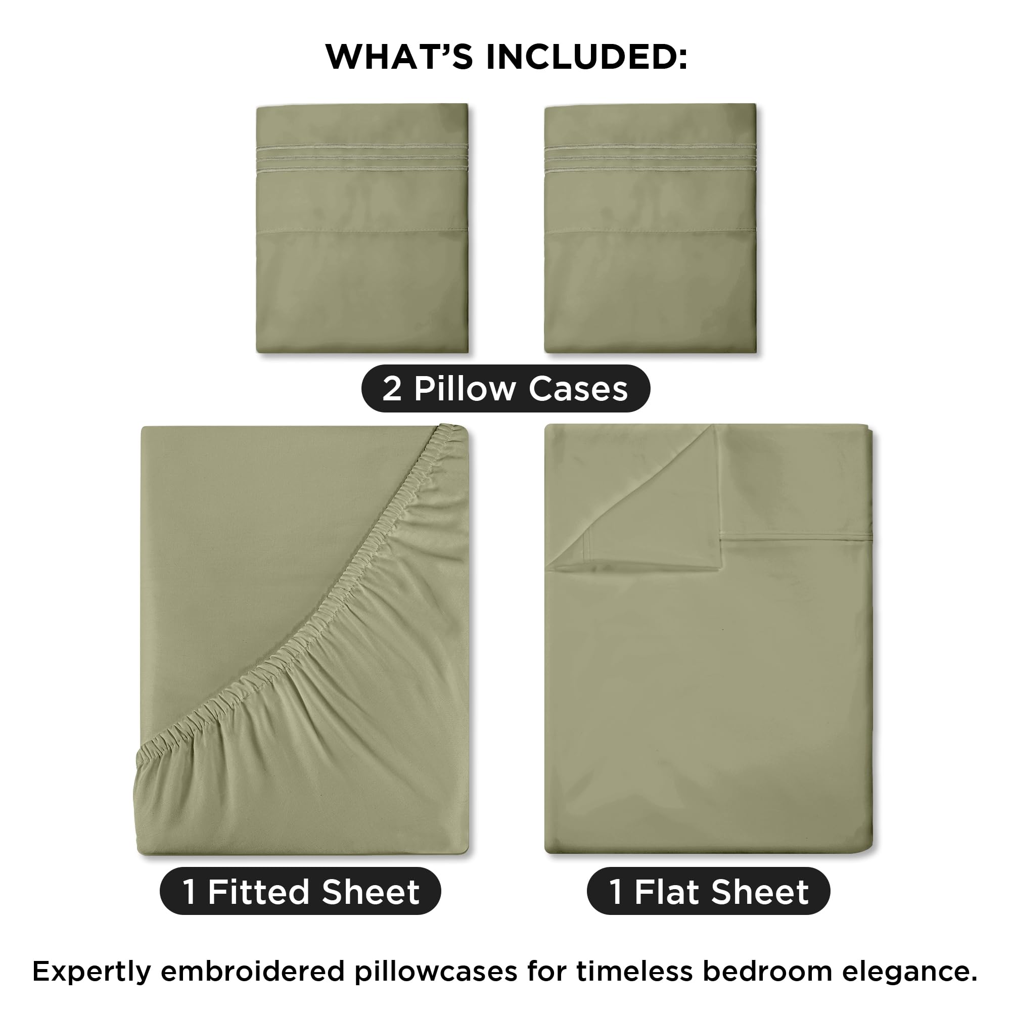 Royale Linens - 4 Piece Bed Sheet - Soft Brushed Microfiber 1800 Bedding Set - 1 Fitted Sheet, 1 Flat Sheet, 2 Pillowcase -Wrinkle & Fade Resistant Luxury Sheet Set (SageGreen)