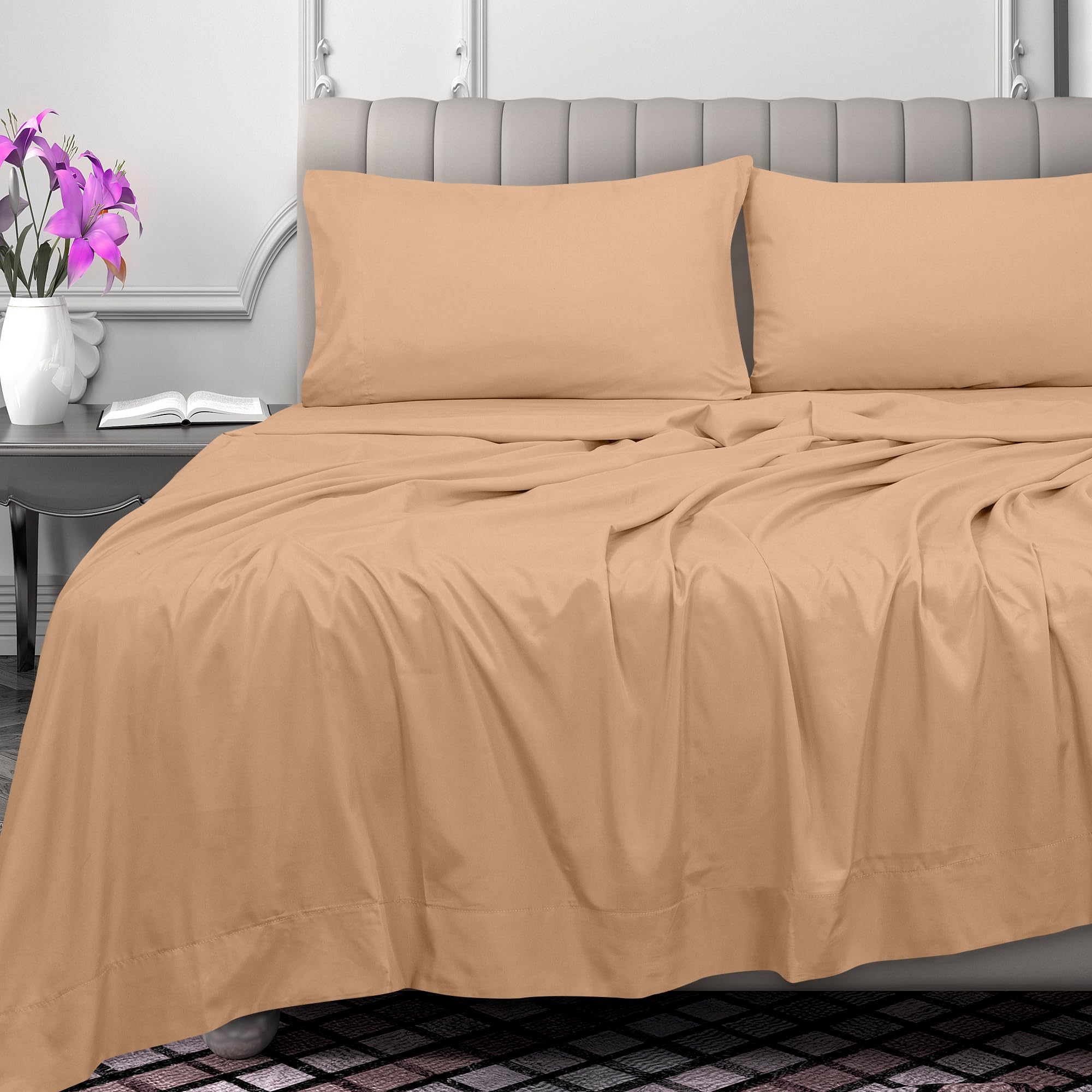 ROYALE LINENS 300 Thread Count 100% Long Staple Combed Cotton Flat Sheet - Super Soft - Top Sheet - Flat Sheet Sold Separately - Breathable, Cool & Crisp Percale Flat Sheet Only ( Sand)
