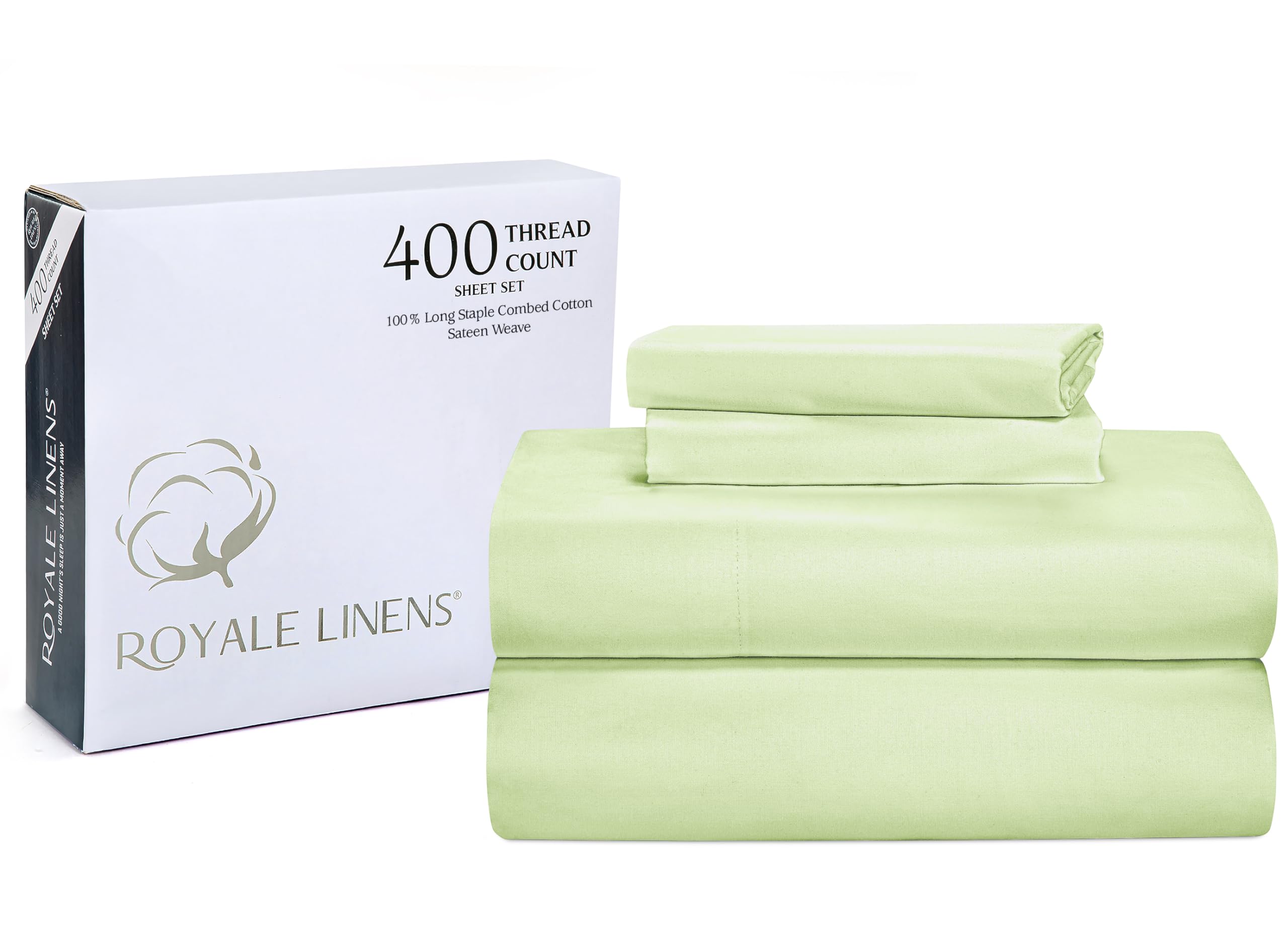 Royale Linen 400 Thread Count 100% American Grown Cotton 4 Piece Sateen Sheet Set - 1 Fitted Sheet, 1 Flat Sheet, 2 Pillow case - Green Bedsheet - Cotton Sheets - ( Florentine Sage)