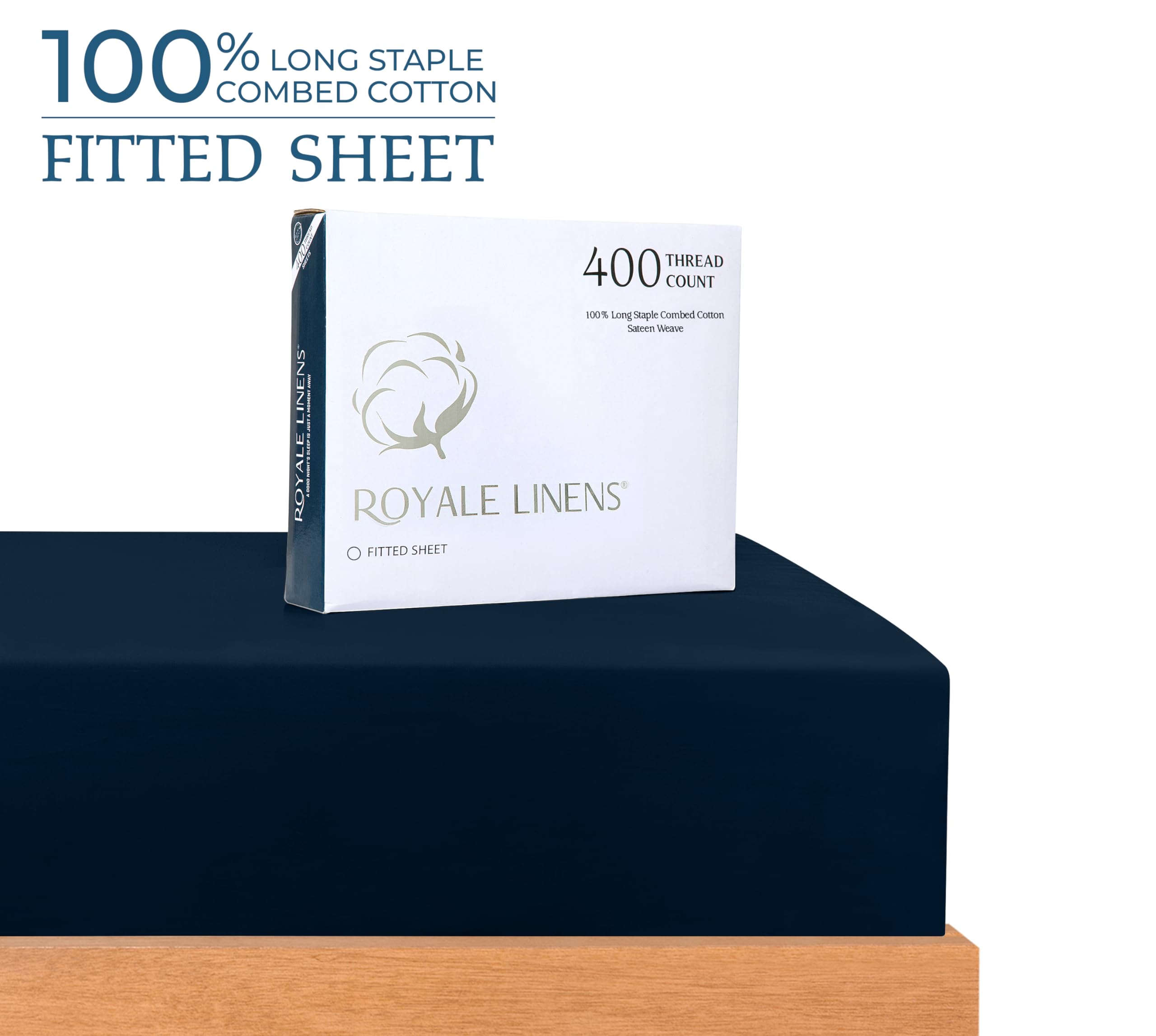 Royale Linens 400 Thread Count 100% American Grown Cotton Fitted Sheet  - All Around Elastic Fitted Sheet - Luxury Sateen Weave - Snug Fit Bottom Sheet Fit Up To 16 Inch ( Rivera Navy)