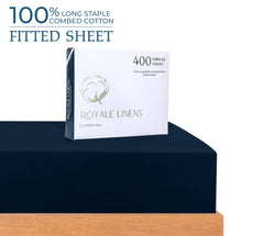 Royale Linens 400 Thread Count 100% American Grown Cotton Fitted Sheet Queen Size - All Around Elastic Fitted Sheet - Luxury Sateen Weave - Snug Fit Bottom Sheet Fit Up To 16 Inch (Queen, Rivera Navy)