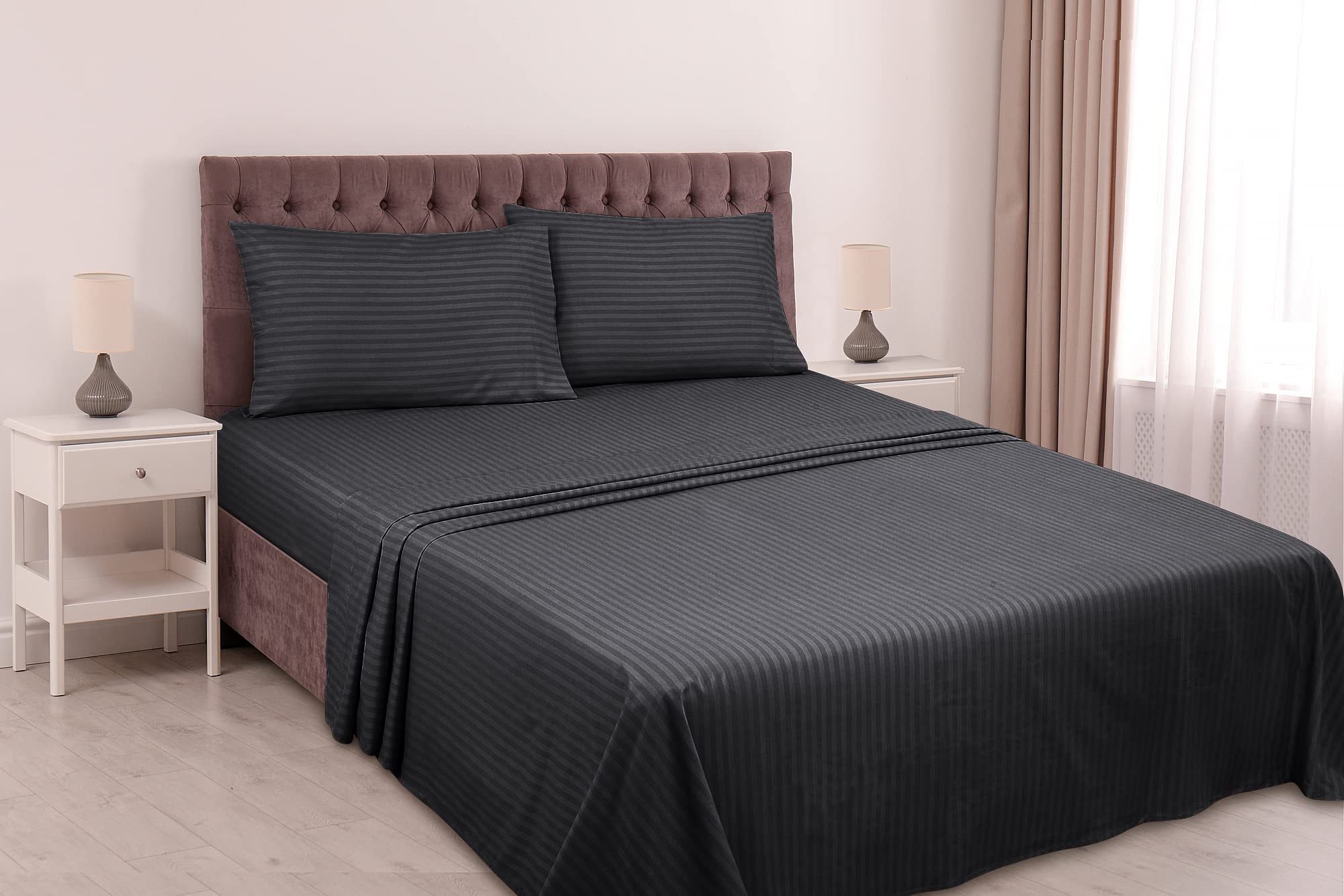 Royale Linen Striped Bed Sheet Set - Microfiber 1800 Bedding - 1 Fitted Sheet, 1 Flat Sheet, 2 Pillow case - Wrinkle & Fade Resistant - 4 Piece Damask Stripe Bed Sheet Set (Stripe Black)