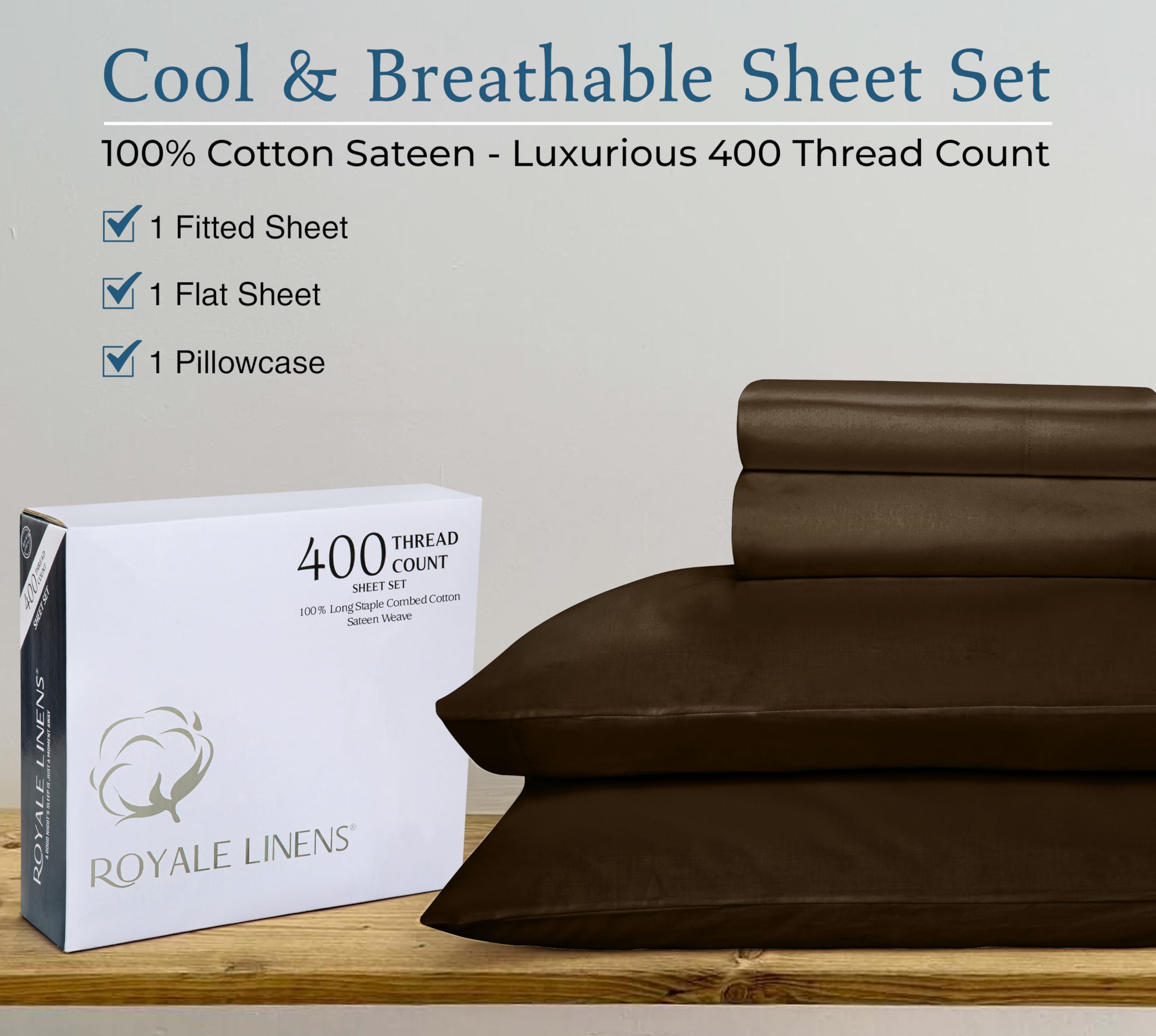 ROYALE LINENS 400 Thread Count 100% American Grown Cotton 4 Piece Sateen Queen Sheet Set - 1 Fitted Sheet, 1 Flat Sheet, 2 Pillow case - Brown Queen Bedsheet - Cotton Sheets - (Queen, Hazel Nut)