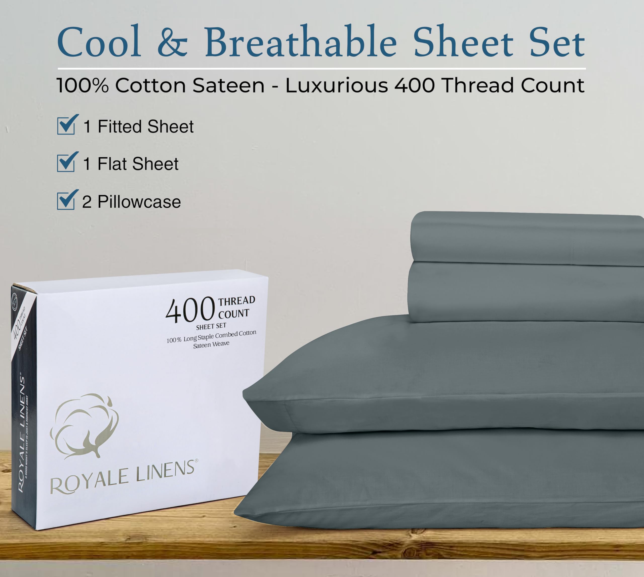 Royale Linen 400 Thread Count 100% American Grown Cotton 4 Piece Sateen Queen Sheet Set - 1 Fitted Sheet, 1 Flat Sheet, 2 Pillow case - Blue Light Queen Bedsheet - Cotton Sheets - (Queen, Blue Light)