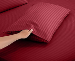 ROYALE LINENS Striped Bed Sheet Set - Microfiber 1800 Bedding - 1 Fitted Sheet, 1 Flat Sheet, 2 Pillowcase - Wrinkle & Fade Resistant - 4 Piece Damask Stripe Bed Sheet Set (Stripe Burgundy, Queen)