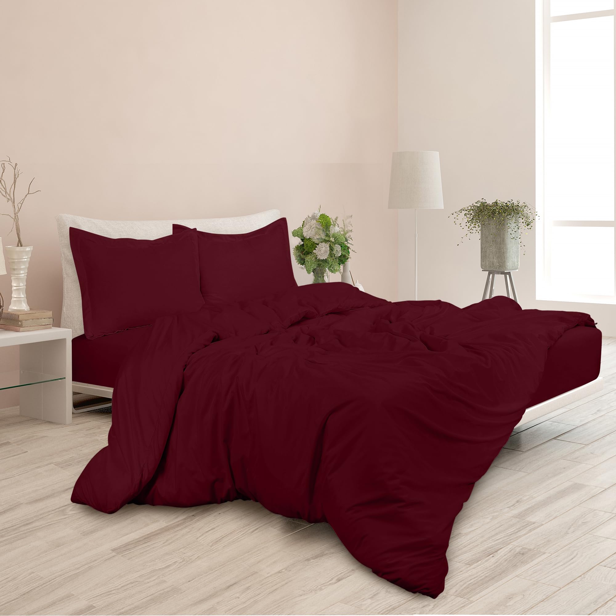 ROYALE Burgundy Duvet Cover Queen Size - Washed Duvet Cover Set, 3 Piece Double Brushed Duvet Covers with Button Closure - 1 Duvet Cover 90x90 inches and 2 Pillow Shams - Comforter Cover