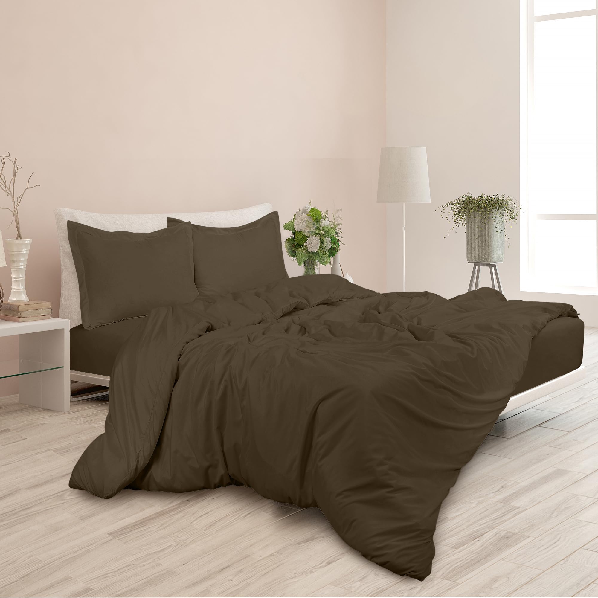 ROYALE Chocolate Duvet Cover Queen Size - Washed Duvet Cover Set 3 Piece Double Brushed Duvet Covers with Button Closure - 1 Duvet Cover 90x90 inches and 2 Pillow Shams - Comforter Cover