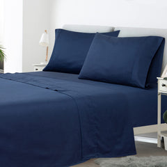 ROYALE LINENS 300 Thread Count 100% Long Staple Combed Cotton Sheet Set - 4 Piece Queen Bed Sheet 1 Fitted Sheet, 1 Flat Sheet, 2 Pillow Case - Breathable, Cool & Crisp Percale Sheet Set (Queen, Navy)