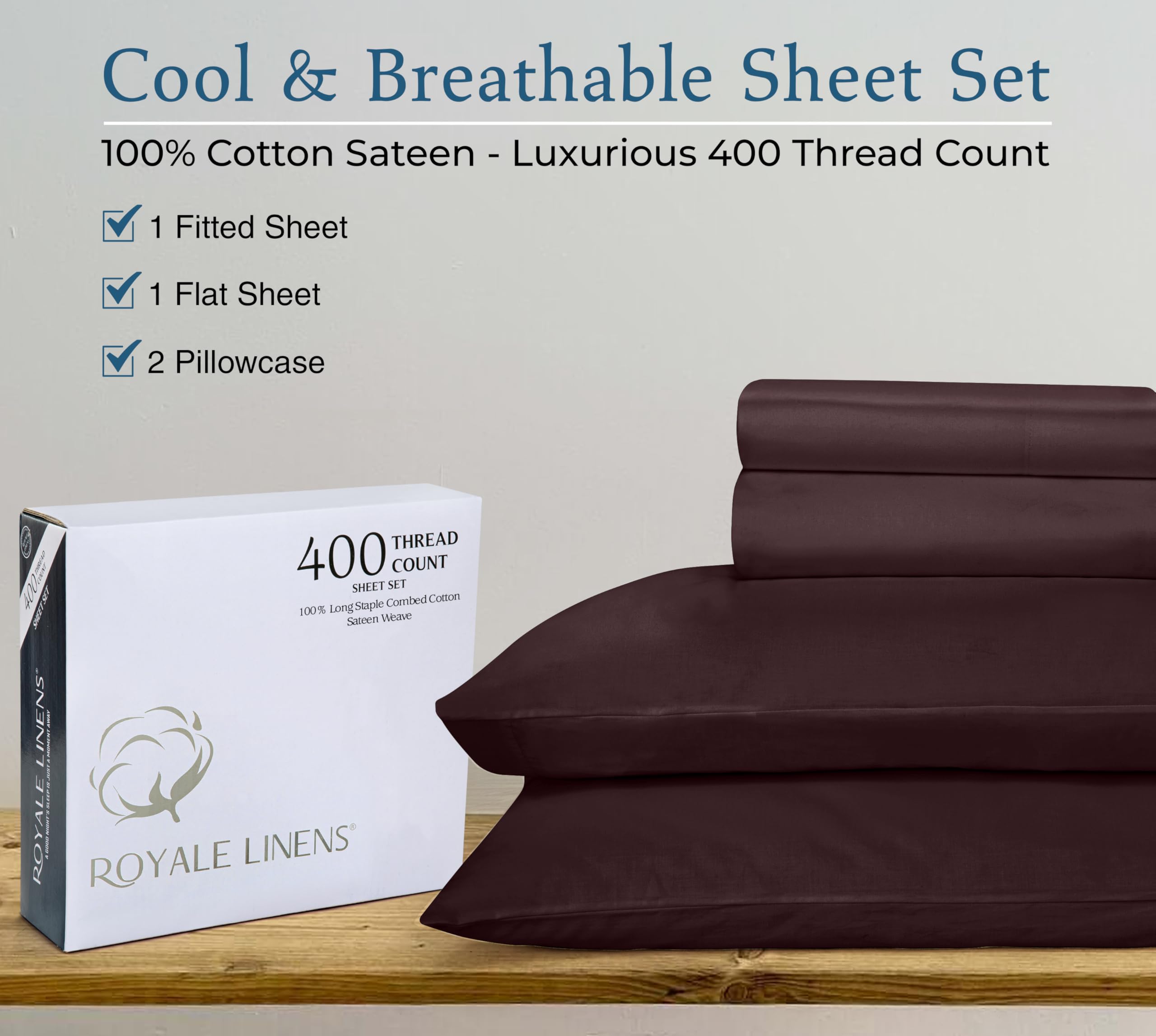 ROYALE LINENS 400 Thread Count 100% Cotton Sateen Sheet Set, Bed Sheet Set, Wrinkle & Fade Resistant Luxury Sheet Set (Queen Sheet Set)