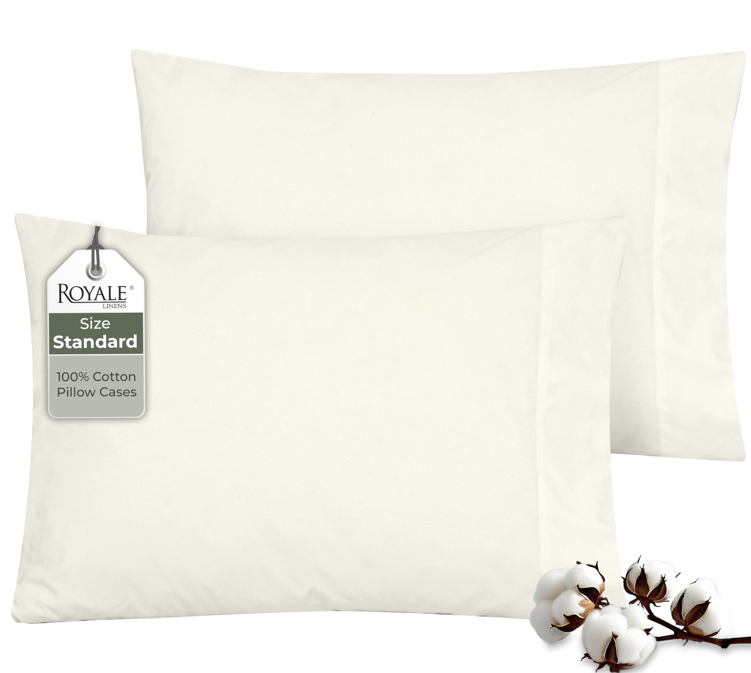 ROYALE LINENS 200 Thread Count 100% Long Staple Combed Cotton Pillowcases Set Of 2 - Ultra Soft - Queen Bed Pillow Cover - 20"x30" - Breathable, Cool & Crisp Percale White Pillow Cases (Queen, Ivory)