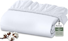 Royale Linens 200 Thread Count 100% Long Staple Combed Cotton Fitted Sheet - Super Soft Deep Pocket Bottom Sheet -Queen Fitted Sheet Only - Elastic Sheet (Queen,White)