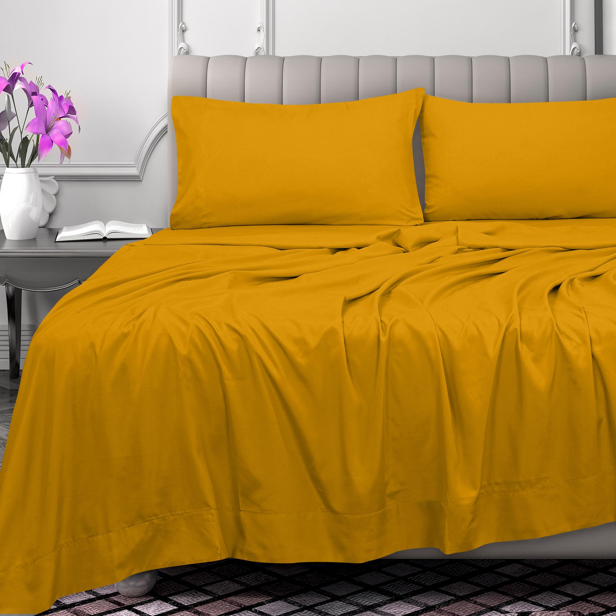 ROYALE LINENS 300 Thread Count 100% Long Staple Combed Cotton Flat Sheet - Super Soft - Top Sheet - Flat Sheet Sold Separately - Breathable, Cool & Crisp Percale Flat Sheet Only (Yellow)