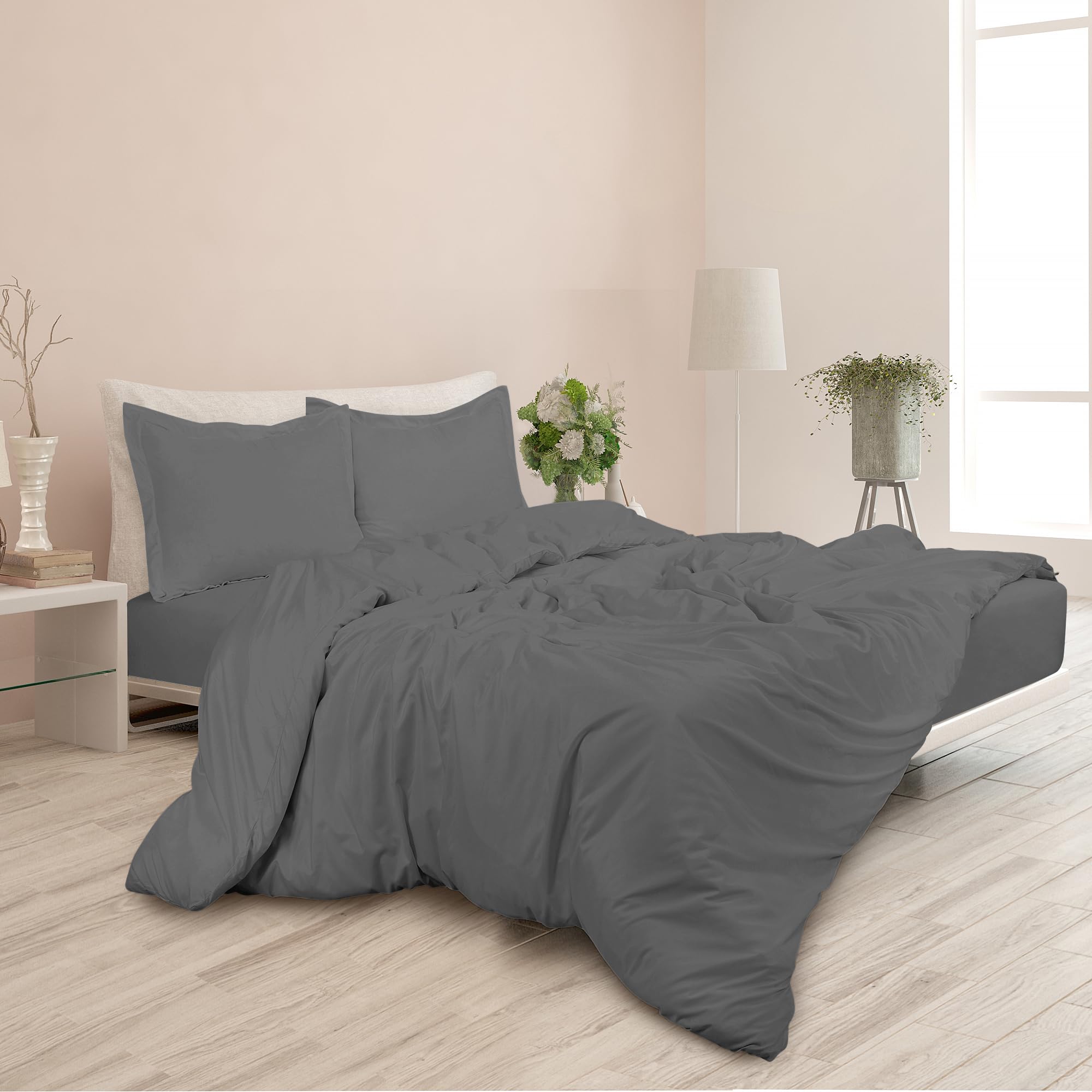 ROYALE Grey Duvet Cover - Washed Duvet Cover Set, 3 Piece Double Brushed Duvet Covers with Button Closure - 1 Duvet Cover  and 2 Pillow Shams - Comforter Cover
