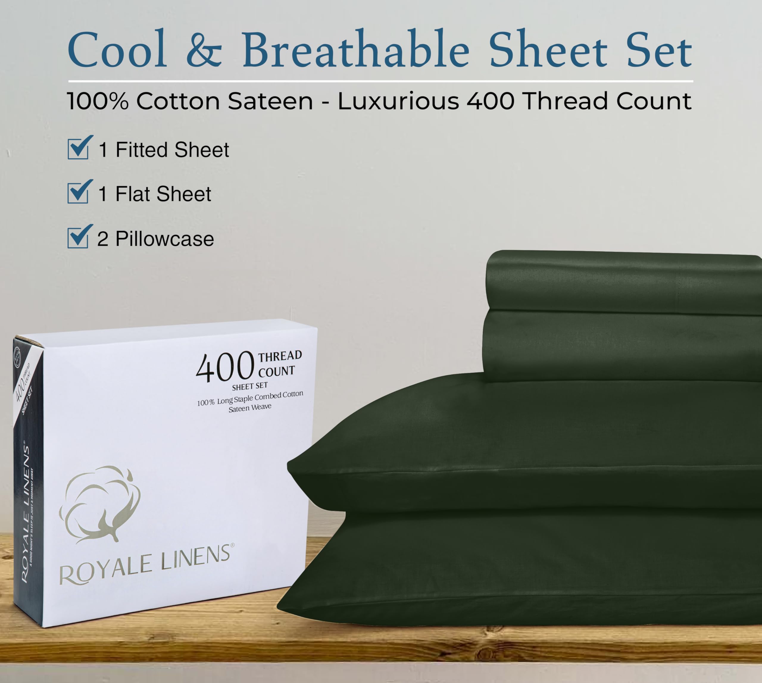 ROYALE LINENS 400 Thread Count 100% American Grown Cotton 4 Piece Sateen Queen Sheet Set - 1 Fitted Sheet, 1 Flat Sheet, 2 Pillow case - Green Queen Bedsheet - Cotton Sheets - (Queen, Hunter Green)