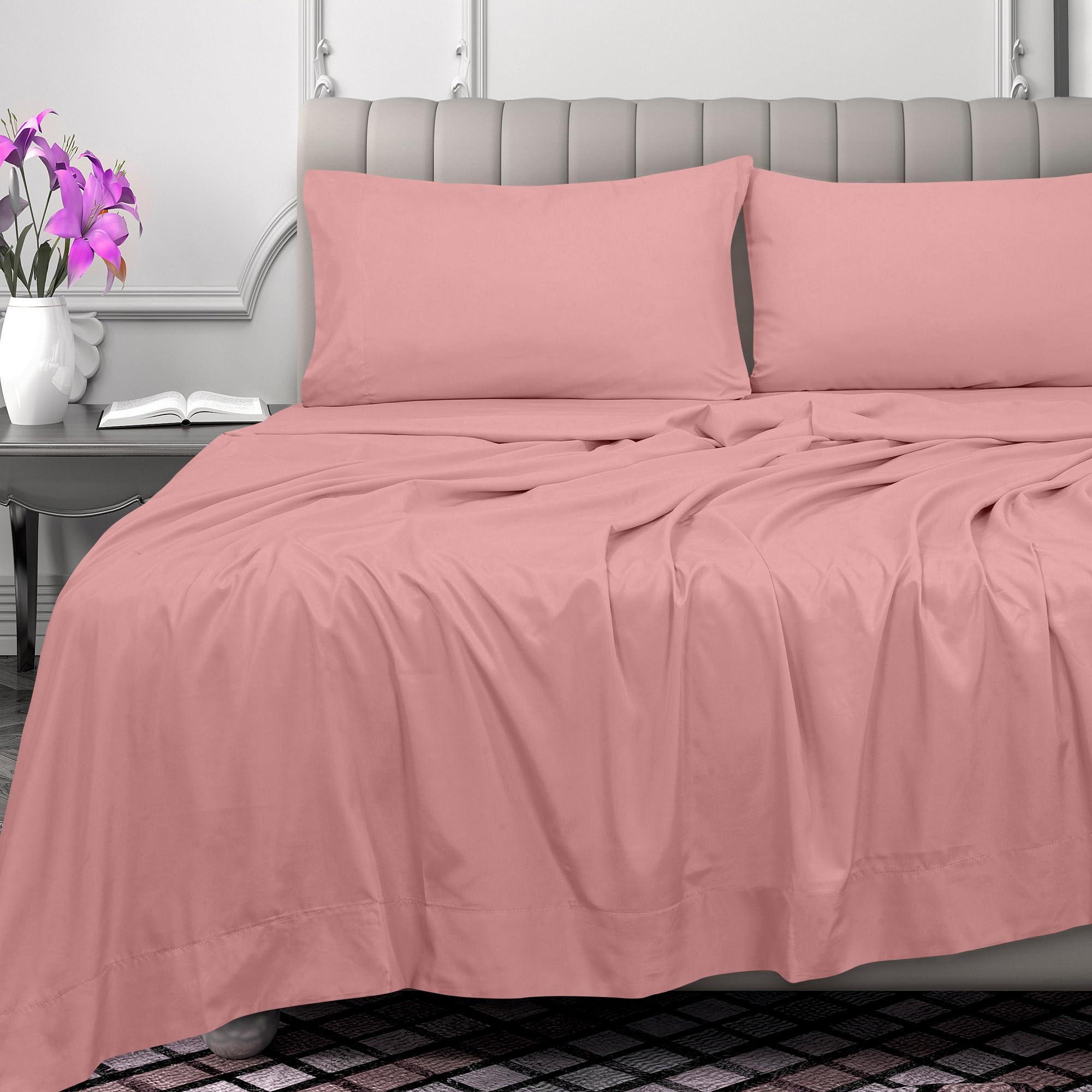 ROYALE LINENS 300 Thread Count 100% Long Staple Combed Cotton Flat Sheet - Super Soft - Top Sheet - Flat Sheet Sold Separately - Breathable, Cool & Crisp Percale Flat Sheet Only ( Pink)