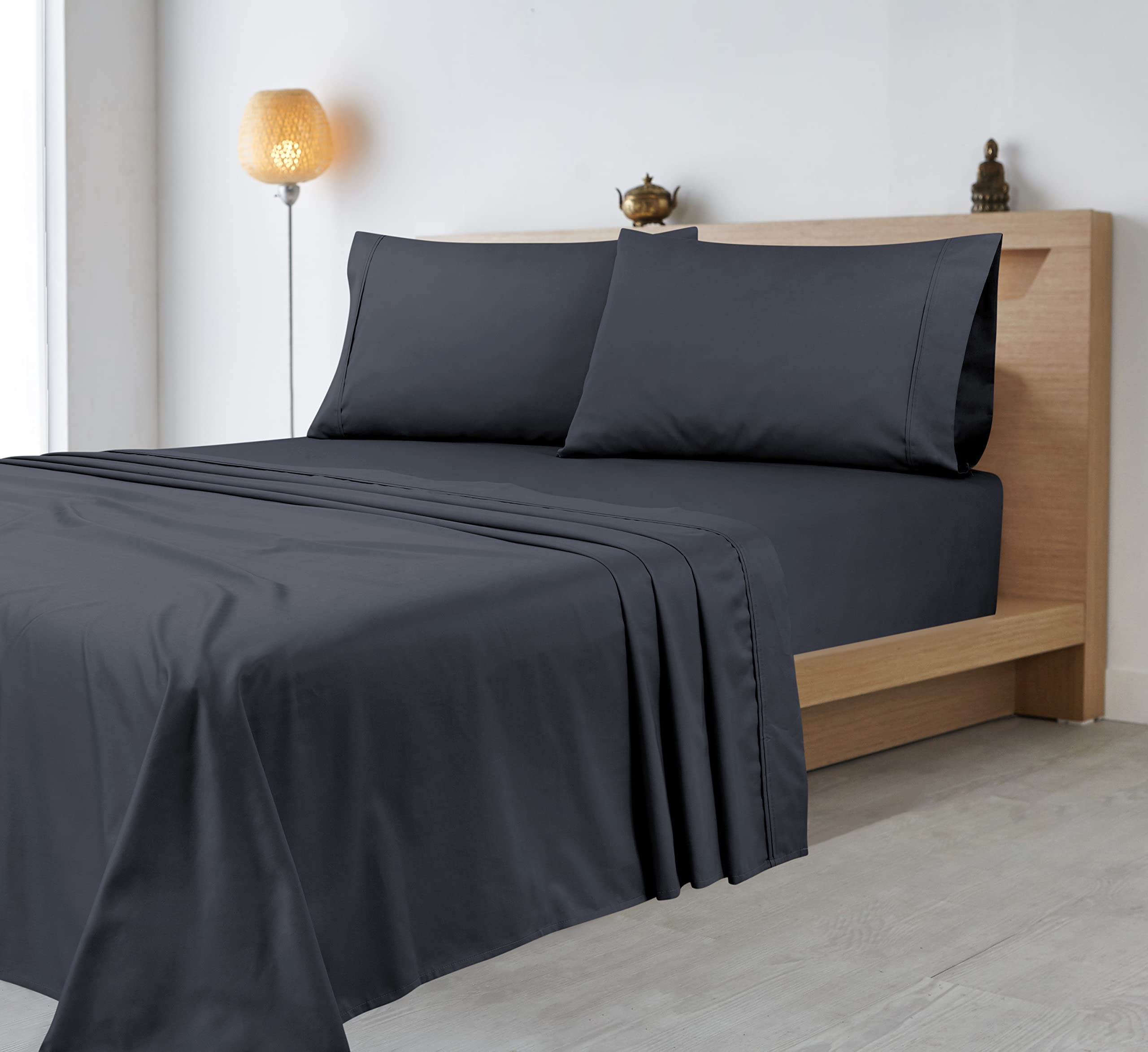 ROYALE LINENS 400 Thread Count 100% American Grown Cotton 4 Piece Sateen Sheet Set - 1 Fitted Sheet, 1 Flat Sheet, 2 Pillow case - Charcoal Bedsheet - Cotton Sheets - (Charcoal)