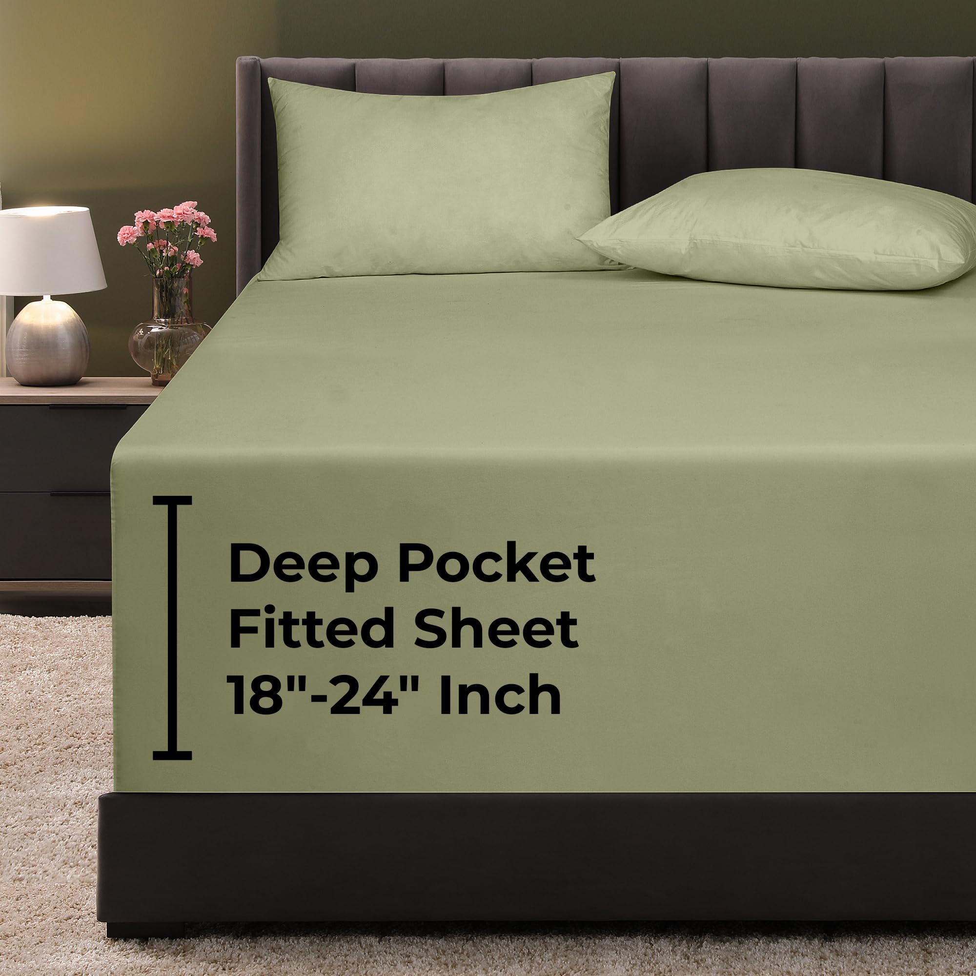 Royale Linen Extra Deep Pocket Queen Fitted Sheet Only - Sage Green Queen Size Fitted Sheet Deep Pocket - Fits 18 inch to 24 inch Thick Mattress - Fitted Sheet Only - Elastic Sheet (Queen, Sage Green)