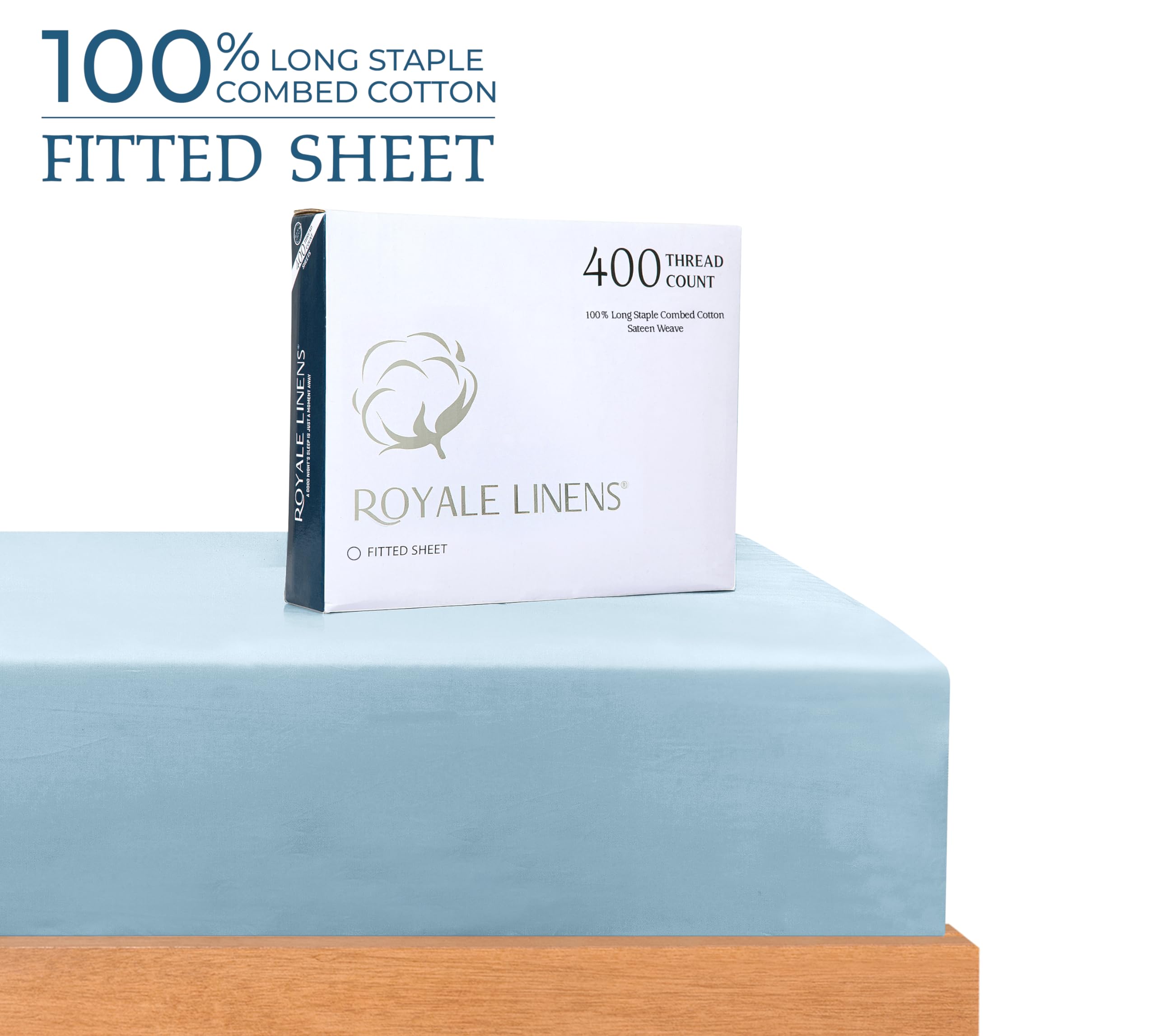 Royale Linens 400 Thread Count 100% American Grown Cotton Fitted Sheet - All Around Elastic Fitted Sheet - Luxury Sateen Weave - Snug Fit Bottom Sheet Fit Up To 16" ( Caribbean Blue)