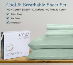 ROYALE LINENS 400 Thread Count 100% American Grown Cotton 4 Piece Sateen Queen Sheet Set - 1 Fitted Sheet, 1 Flat Sheet, 2 Pillow case - Queen Bedsheet - Cotton Sheets - (Queen, Gurli Light Green)