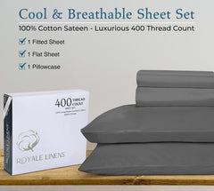 ROYALE LINENS 400 Thread Count 100% American Grown Cotton 4 Piece Sateen Queen Sheet Set - 1 Fitted Sheet, 1 Flat Sheet, 2 Pillow case - Grey Queen Bedsheet - Cotton Sheets - (Queen, Spanish Slate)