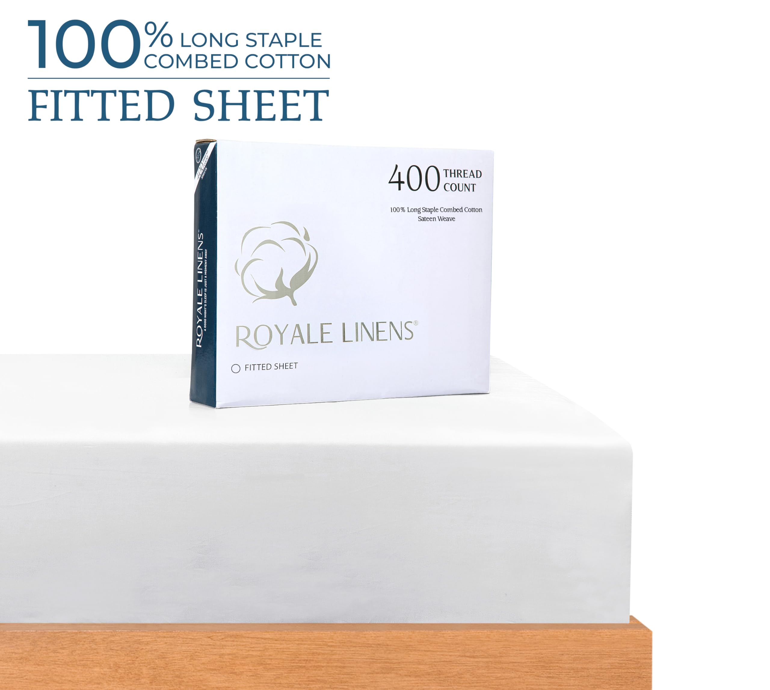 Royale Linens 400 Thread Count 100% American Grown Cotton Fitted Sheet - All Around Elastic Fitted Sheet - Luxury Sateen Weave - Snug Fit Bottom Sheet Fit Up To 16" ( Signature White)